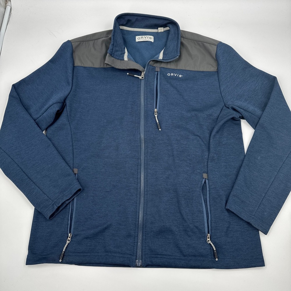 Orvis‎ Mens Blue Full Zip Textured Knit Jacket Grey Overlay Large Mock Neck